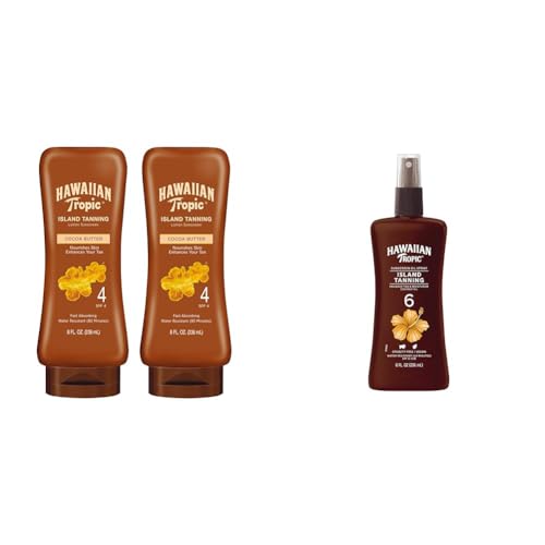Hawaiian Tropic Island Tanning Lotion Sunscreen SPF 4 Twin Pack and Tanning Oil Spray Sunscreen SPF 6