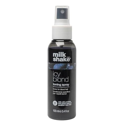 milk_shake icy blond toning spray | leave-in toner with black pigment to cool brass and refresh icy tones in platinum blonde hair | adds softness, shine, and detangling | 3.4 fl oz