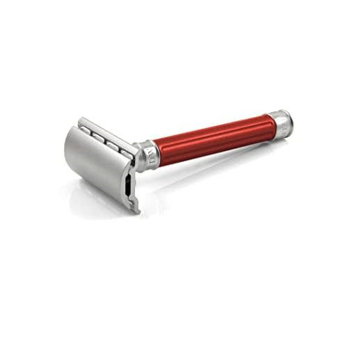 Edwin Jagger 3ONE6 DE Stainless Steel Safety Razor, Grooved, 1x Pack of Razor Blades (Anodized Red)