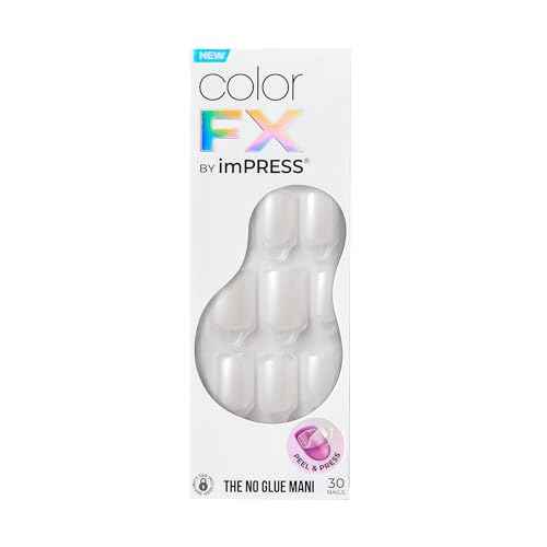 KISS imPRESS No Glue Mani Press-On Nails, Color FX, White Shimmer, Short Size, Squoval Shape, Includes 30 Nails, Prep Pad, Instructions Sheet, 1 Manicure Stick, 1 Mini File