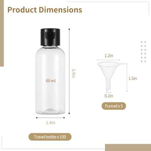 100 Pack 2 oz Plastic Empty Travel Bottles with Flip Cap 60ml Travel Size Containers Portable Leak Proof Clear Plastic Bottles Refillable Dispensing Bottles for Liquid Shampoo Lotion Black
