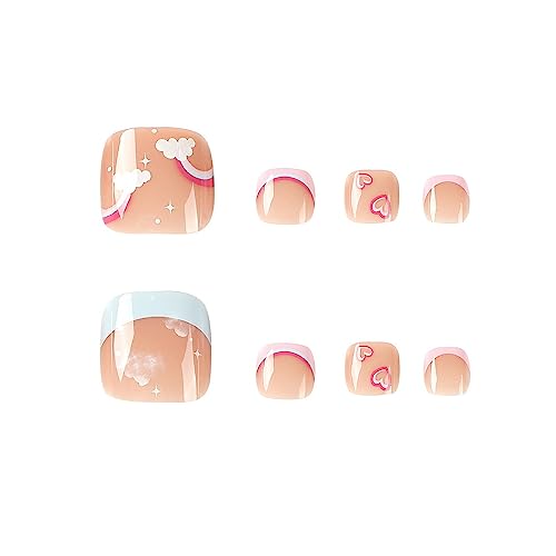 French Tip Press on Toenails Press on Nails Short Square 24PCS Fake Toe Nails with Cloud Rainbow Designs Designs Nude Pink Full Cover Glossy Toe Fake Nails Acrylic Toenails for Women and Girls