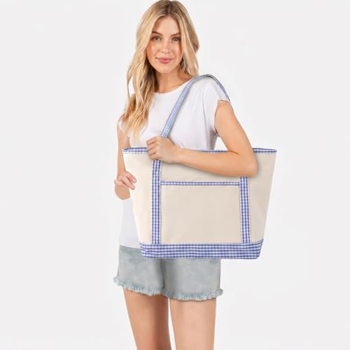 Canvas Gingham Tote Bag with Zipper & Pockets