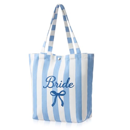 Blue Striped Canvas Tote Bag for Beach, Bridesmaid & Summer Party