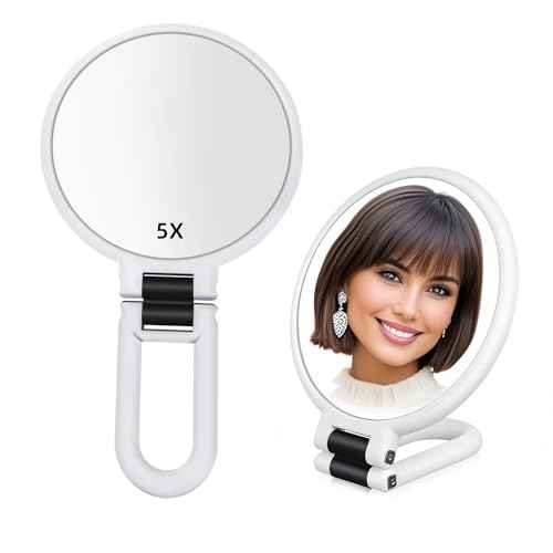 1X 5X Handheld Mirror with Handle for Travel£¬ Magnifying Mirror, Magnification, Rotation Adjustable Handle, Double Sided Folding, Mirror for Women for Eyes Makeup Travel Shaving (White)