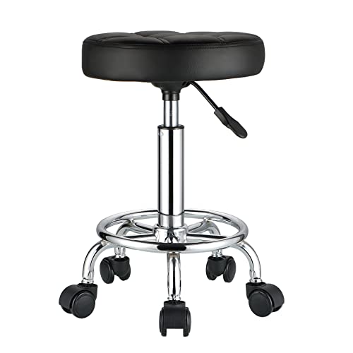 Height Adjustable Rolling Stool with Wheels - PU Leather