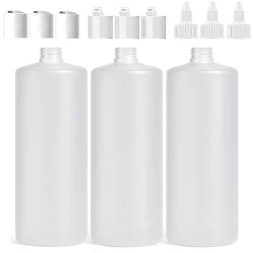 Bar5F 33.8oz 3-Pack Large HDPE Plastic Bottles with 9 Caps in 3 Styles | Pump, Squeeze, Squirt | Shampoo, Conditioner, Condiments, Ketchup, Bleach, Cleaners, Alcohol, Food Safe | BPA-Free, 1 Liter
