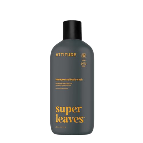 ATTITUDE 2-in-1 Body Wash & Shampoo for Men & Women, EWG Verified, Vegan, Natural Ingredients, Dermatologist-Tested, Ginseng and Grapeseed Oil, 16 Fl Oz
