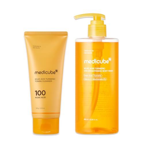 medicube Kojic Acid Body Wash & Glow Spray Duo: Kojic Acid Turmeric Brightening Body Wash and Turmeric Vitamin Gold Jelly Mist Serum | 2-Step Cleanse & Spray for Glowing Body, Post-Shower Routine