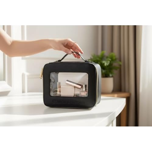 TRISTAN HOME Faux Leather Travel Makeup Case with Clear Display Window, Gold Zipper Trim, 8.5 x 6.5 x 3.7 Inch Cosmetic Organizer