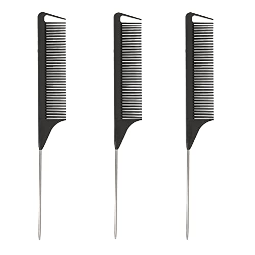 STUDIO LIMITED Carbon Pin Tail Comb Rat Tail Combs, Parting Comb Pin Tail Stainless steel tail Hair Styling Beauty Tools Easy parting and styling Anti-static (3 Pcs)