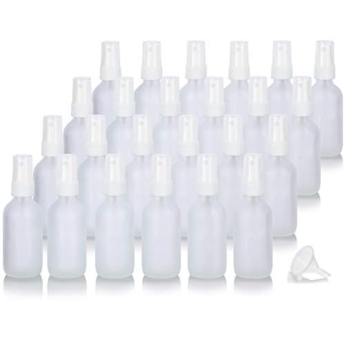 JUVITUS 2 oz Frosted Clear Glass Boston Round Bottle with White Fine Mist Spray (24 pack) + Funnel