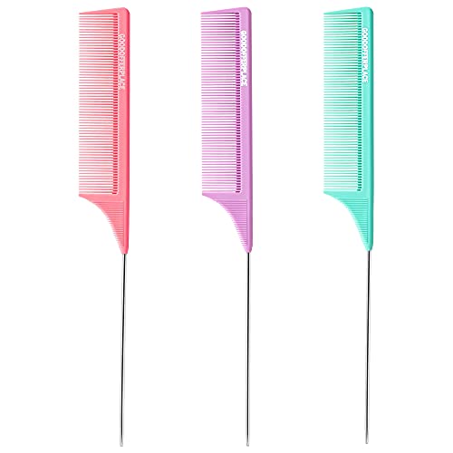 3-Pack Hair Combs with Metal Pick for Braiding & Styling - Pink Purple Green