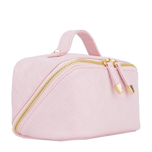 Travel Makeup Bag,Cosmetic Bags for Women,Waterproof Portable Pouch Open Flat Toiletry Bag Diamond-patterned style Makeup Bag (Pink)