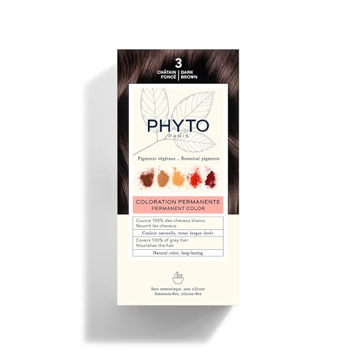 PHYTO Phytocolor Permanent Hair Color, 3 Dark Brown, with Botanical Pigments, 100% Grey Hair Coverage, Ammonia-free, PPD-free, Resorcin-free, 0.42 oz.