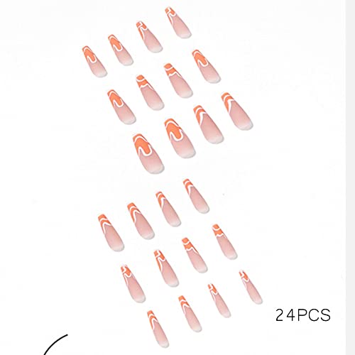 Vemalo Press on Nails Long Swirl Nails for Women Press on Acrylic Nails Orange Coffin Press on False Nails 24Pcs(Style 2)