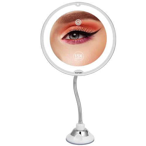 15X Magnifying LED Vanity Mirror with Suction Cup - Flexible Gooseneck