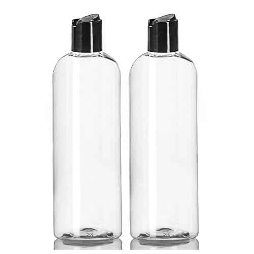 ljdeals 16 oz Clear Plastic Empty Bottles with Black Disc Top Caps, Squeezable Refillable Containers for Shampoo, Lotions, Cream and More Pack of 2, BPA Free, Made in USA