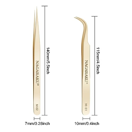 NAGARAKU Tweezers for Eyelash Extensions Straight and Curved Precision Professional Volume Easy Fanning lash Precise Point 1 Pair (M-01 and M-02)