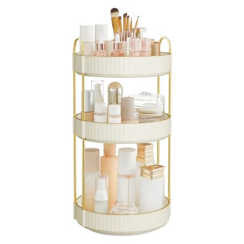 SONGMICS Makeup Organizer, 3-Tier Round Rotating Skincare Organizer Countertop, Customizable, Toiletries Vanity Organizer, Lazy Susan, Gift, Cloud White UJKA011W01