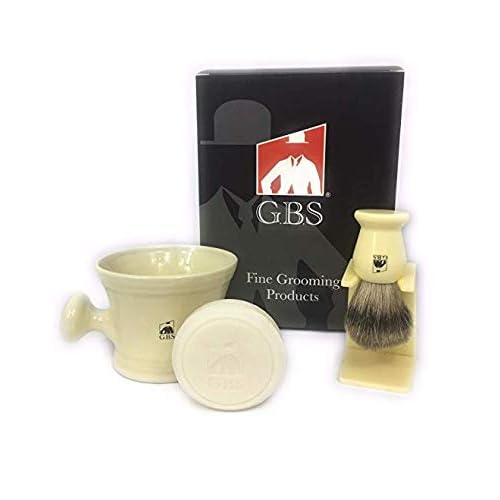 G.B.S Men Shave Kit, Ceramic Shaving Mug with Knob Handle, Shaving Brush, Ivory Stand, Sandalwood Shave Soap, Sandalwood Aftershave, Ivory