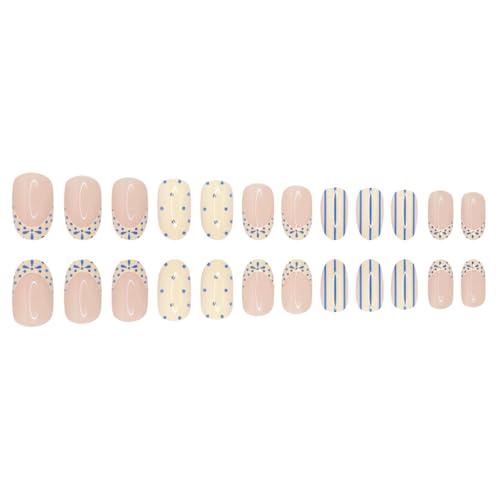 Blue White Stripe Almond Press On Nails - 24pcs