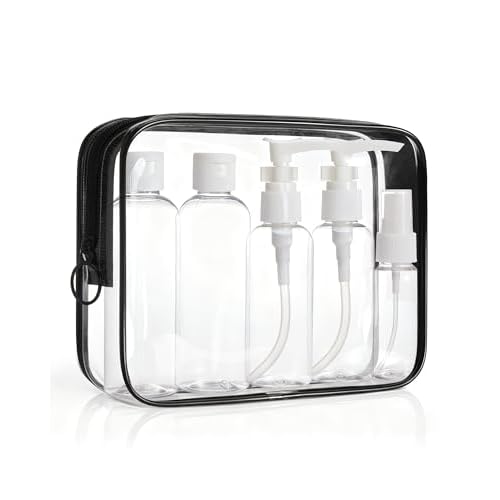 BAGSMART 7 Pack Clear Toiletry Bag with Refillable Travel Bottles Set, TSA Approved Travel Toiletry Bag Water Repellent Carry on Travel Accessories Bag Airport Airline Quart Size Bags, Black