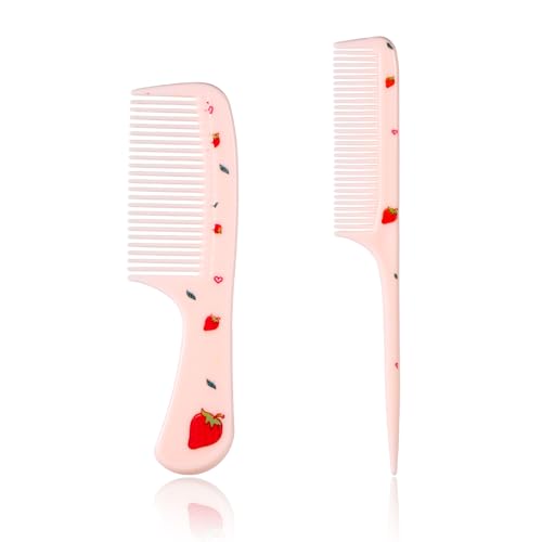 Pink Strawberry Baby Hair Comb Set - Mini Fine Tooth & Rat Tail Comb - Variation of Strawberry