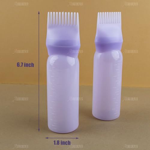 AUEAR, 2 Pack Purple Root Comb Applicator Bottles 6 Ounce Hair Dye Bottle Plastic Applicator Bottle Brush with Graduated Scale for Hair Dye