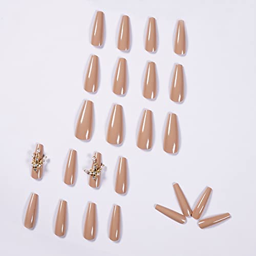Glamyboo 24Pc Long Coffin Press On Nails with 1.5g Glue | False Nails for Women | Luxury Matte/Glossy Rhinestone Design Full Cover DIY Do-It-Yourself Fake Nails | Glue+ File+Cuticle Pusher Included (Glossy Beige 3D Rhinestone Pearl Cross)
