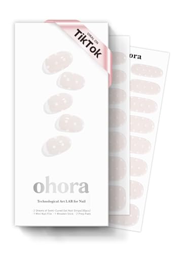 ohora Semi Cured Gel Nail Strips N Polka Blanc - Salon-Quality, Long Lasting, Easy to Apply & Remove, Includes Prep & Nail Tools