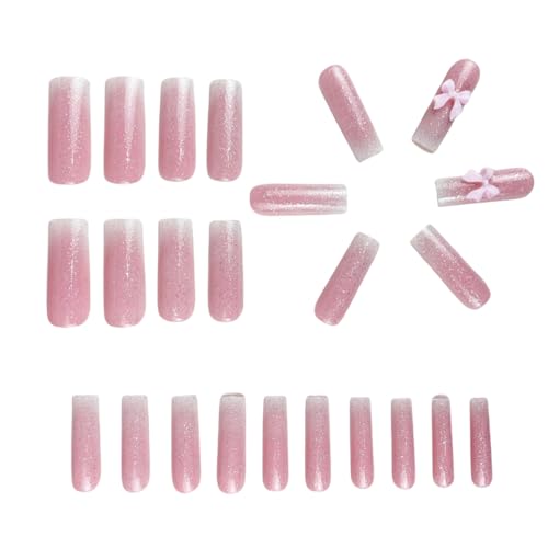 Pink White Long Square Press on Nails French Tip Fake Nails 5D Star Bow Pearl False Nails with Designs Cute Acrylic Nails Full Cover Glossy Glue on Nails Artificial Nails for Women Girls 24Pcs