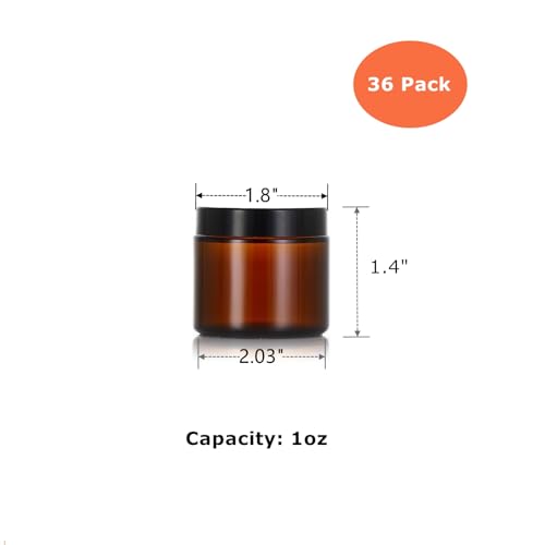 36 Pack 1oz Amber Glass Jars with Black Lids for Travel & DIY