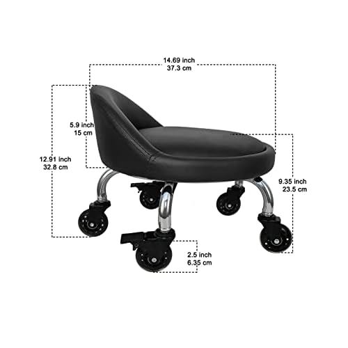 Rolling Stool with Backrest 450 Lbs High Weight Capacity PU Leather Roller Seat and Heavy-Duty Crystal Universal Wheels for Men Women Boy Girl Furniture Gift, Home Office Black