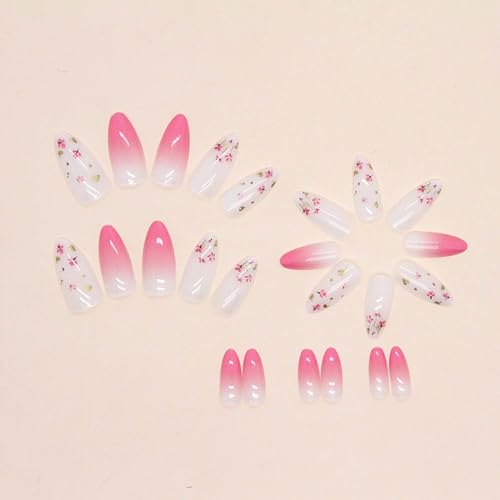 Gradient floral elements Cute Nails Pink and tender Press on Nails Short Almond Fake Nails French Dopamine Style Summer Glue on Nails for Women and Girls Spring romantic girly style Manicure(24 PCS)