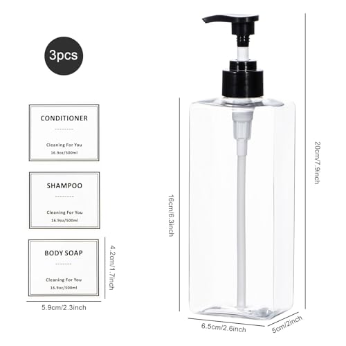 Plastic Shampoo and Conditioner Dispenser, Yeeco Refillable Pump Bottles Blue Shampoo Dispenser 16.9oz/500ml Shampoo Bottles with Pump 3 Packs for Bathroom, Kitchen, Hotel - Clear