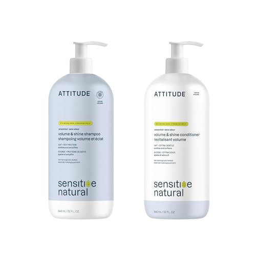 Bundle of ATTITUDE Extra Gentle and Volumizing Shampoo and Conditioner for Sensitive Skin Enriched with Oat, EWG Verified, Hypoallergenic, Vegan and Cruelty-free, Unscented, 32 Fl Oz