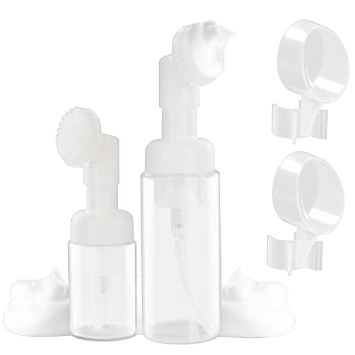 Pwsap 2 Pcs Pump Dispenser, 1oz/2oz (30/60 ml) Soap Foaming Bottle Mousse Foam Bottle Facial Cleanser Pump Dispenser with Silicone Foam Massage Clean Brush Head, Suitable for Face Wash Foaming