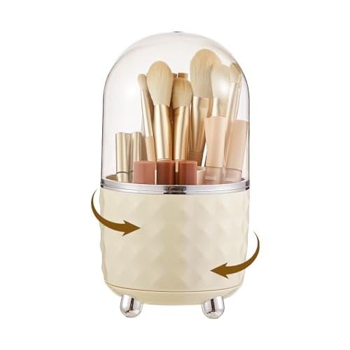 Makeup Brush Holder with Dustproof Lid, 360 Rotating Makeup Brush Organizer, Brushes Cup for Cosmetics, Nail Polish, Bathroom Vanity