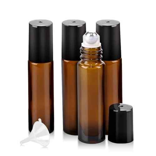 4 Pack Essential Oil Roller Bottles, 10ml Refillable Amber Glass Roller Bottles with Stainless Steel Roller Balls and Caps for Travel, Perfume and Lip Gloss