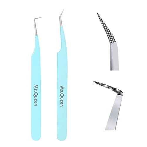 Ms.Queen Eyelash Tweezers for Extensions, 2Pcs Fiber Tip Grip 45 and 90 Degree Mega Volume Tweezers Set for Lash Extensions-Blue