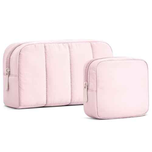 oscaurt 2 Pcs Makeup Bag Travel Toiletry Bag for Women Puffy Padded Cosmetic Pouch Purse Wide-open Makeup Organizer Case Travel Essentials