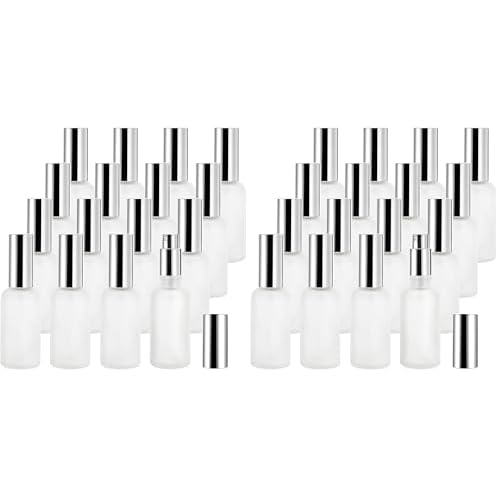 Bekith 32 Pack 50ml Glass Spray Bottles, Frosted Empty Perfume Atomizer, Refillable Fine Mist Spray for Essential Oils, Cleaning Products, Silver Sprayer