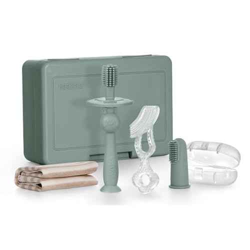 haakaa Training Toothbrush Set Oral Care Kit, Soft Silicone Toothbrush for Baby, Infants, Toddlers & Kids, Pea Green
