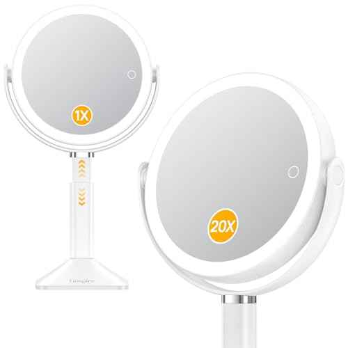 Gospire 20X Magnifying Vanity Mirror with Lights - Height Adjustable Lighted Makeup Mirror with Magnification, 4000mAh Rechargeable Battery, 3 Colored Dimmable Light for Desk Home Travel, White