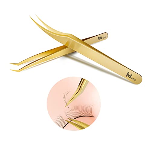 MGER Lash Tweezers for Eyelash Extensions, Hand Calibrated Dolphin-shaped & Curved Tip, False Lash Application Tools, Pack of 2, Gold