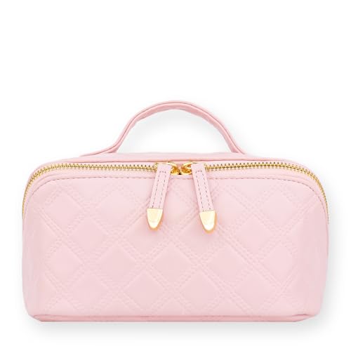 Travel Makeup Bag,Cosmetic Bags for Women,Waterproof Portable Pouch Open Flat Toiletry Bag Diamond-patterned style Makeup Bag (Pink)