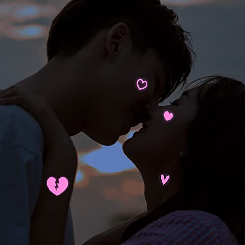 UV Neon Temporary Tattoos 170 Pieces Pink Heart Shaped Shimmer Designs Love Glow In The Dark Tattoos Stickers Flash Fake Waterproof Tattoos for Women Men Body Face Art