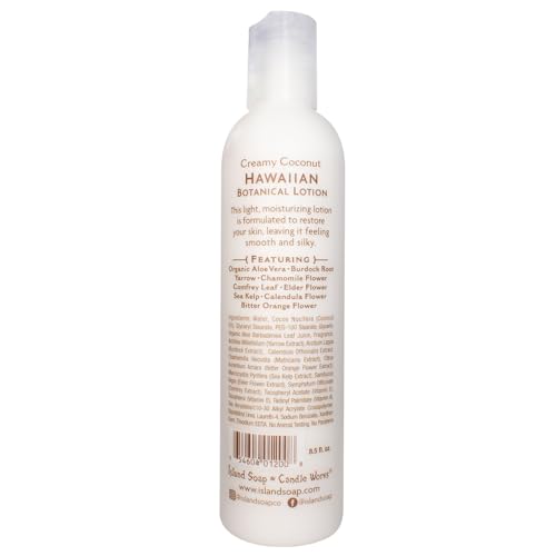Island Soap and Candle Works Botanical Coconut Scented Body Lotion for Men and Women - Paraben Free Body Moisturizer - Hydrating Hawaiian Skincare - Creamy Coconut - 8.5 Fl Oz. Bottle