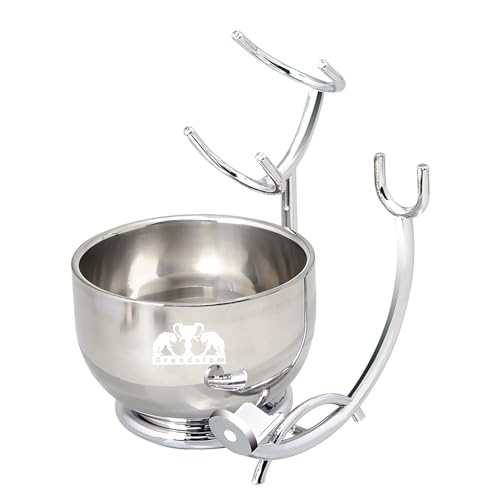 Grandslam Razor & Brush Stand with Double Stainless Steel Bowl Set for Shave Soap, Safety & Straight Razors, Silver